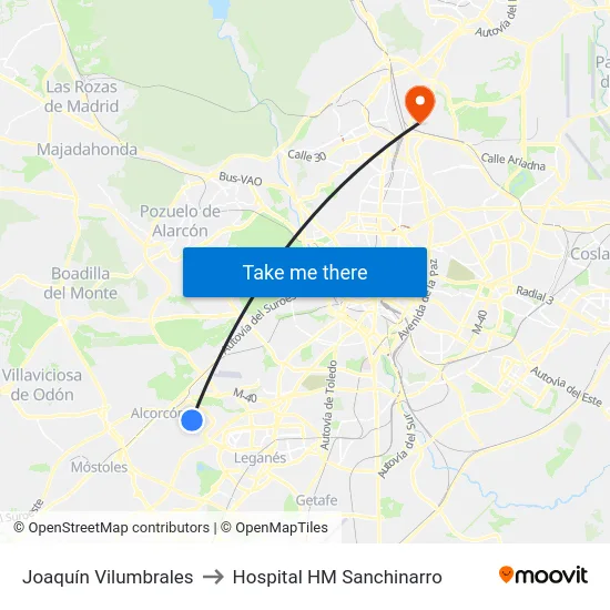 Joaquín Vilumbrales to Hospital HM Sanchinarro map