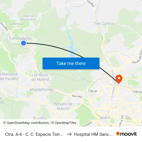 Ctra. A-6 - C. C. Espacio Torrelodones to Hospital HM Sanchinarro map