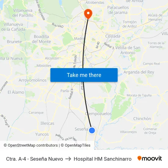 Ctra. A-4 - Seseña Nuevo to Hospital HM Sanchinarro map