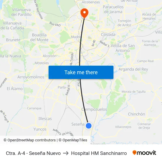 Ctra. A-4 - Seseña Nuevo to Hospital HM Sanchinarro map