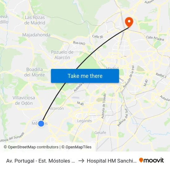 Av. Portugal - Est. Móstoles Central to Hospital HM Sanchinarro map