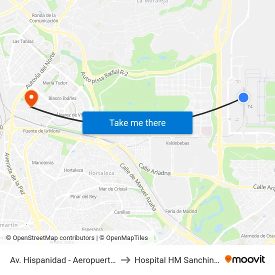 Av. Hispanidad - Aeropuerto T4 to Hospital HM Sanchinarro map