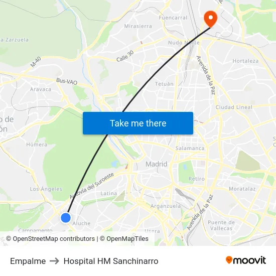 Empalme to Hospital HM Sanchinarro map