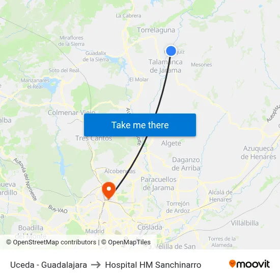 Uceda - Guadalajara to Hospital HM Sanchinarro map