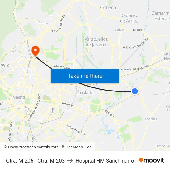 Ctra. M-206 - Ctra. M-203 to Hospital HM Sanchinarro map