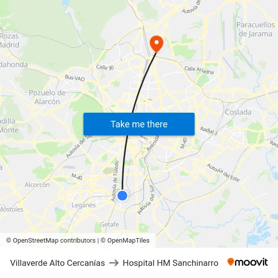 Villaverde Alto Cercanías to Hospital HM Sanchinarro map