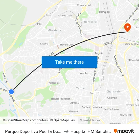 Parque Deportivo Puerta De Hierro to Hospital HM Sanchinarro map