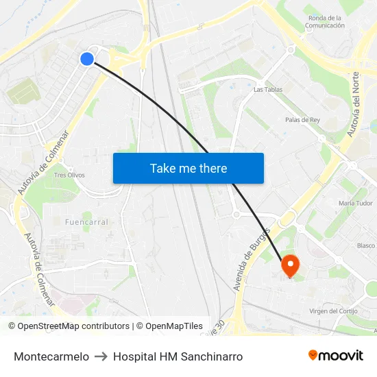 Montecarmelo to Hospital HM Sanchinarro map