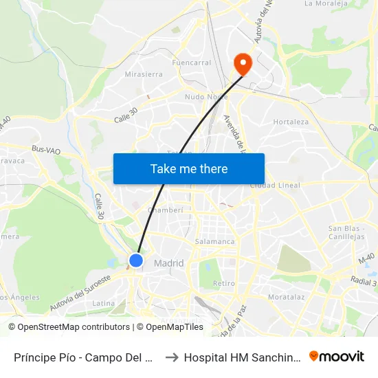 Príncipe Pío - Campo Del Moro to Hospital HM Sanchinarro map