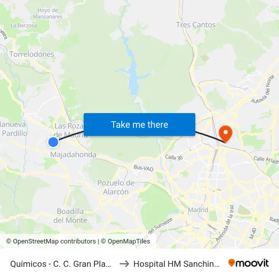 Químicos - C. C. Gran Plaza 2 to Hospital HM Sanchinarro map
