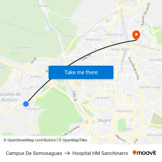 Campus De Somosaguas to Hospital HM Sanchinarro map