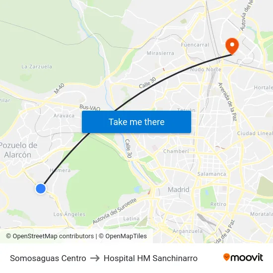 Somosaguas Centro to Hospital HM Sanchinarro map