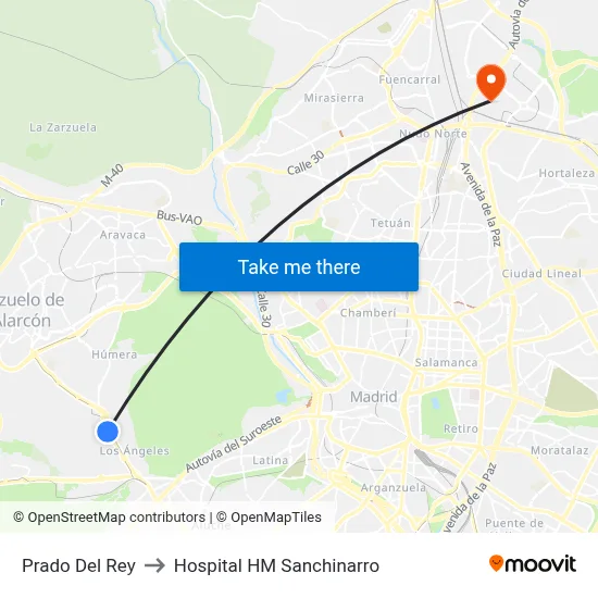 Prado Del Rey to Hospital HM Sanchinarro map