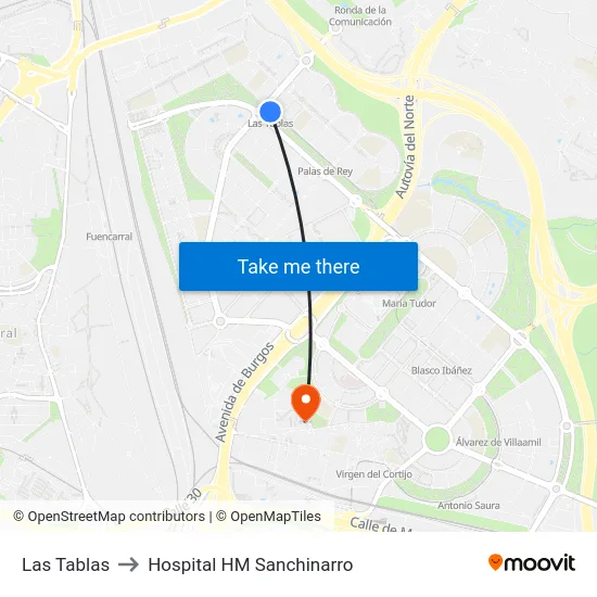 Las Tablas to Hospital HM Sanchinarro map