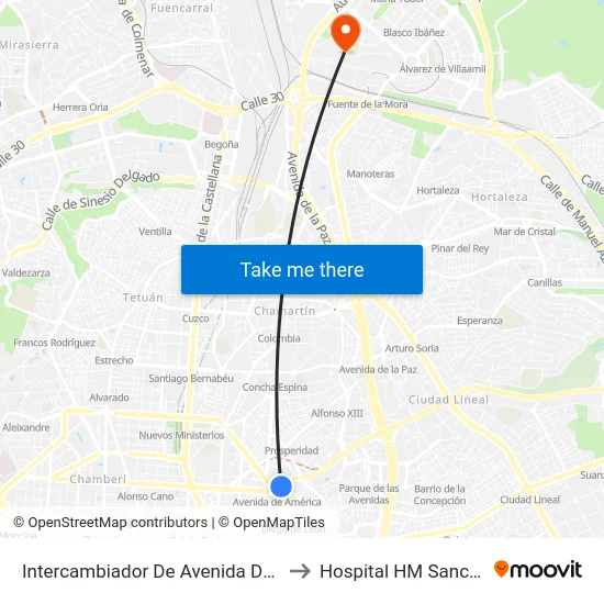 Intercambiador De Avenida De América to Hospital HM Sanchinarro map