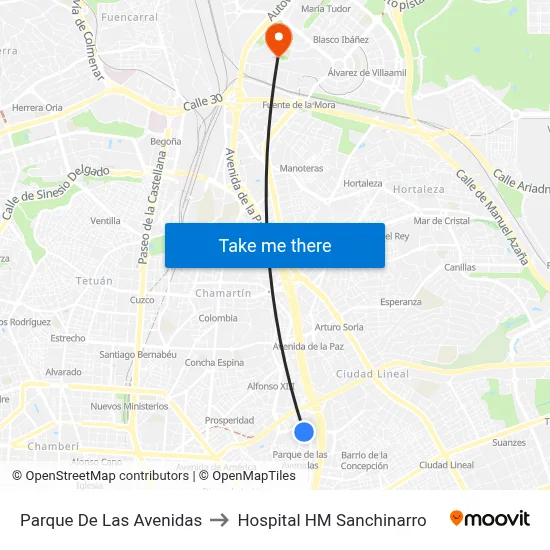 Parque De Las Avenidas to Hospital HM Sanchinarro map
