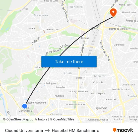 Ciudad Universitaria to Hospital HM Sanchinarro map