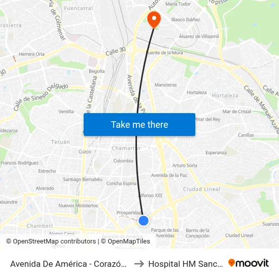 Avenida De América - Corazón De María to Hospital HM Sanchinarro map