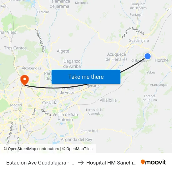 Estación Ave Guadalajara - Yebes to Hospital HM Sanchinarro map
