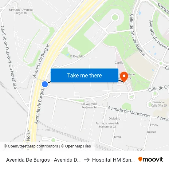 Avenida De Burgos - Avenida De Manoteras to Hospital HM Sanchinarro map