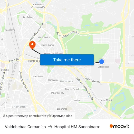 Valdebebas Cercanías to Hospital HM Sanchinarro map