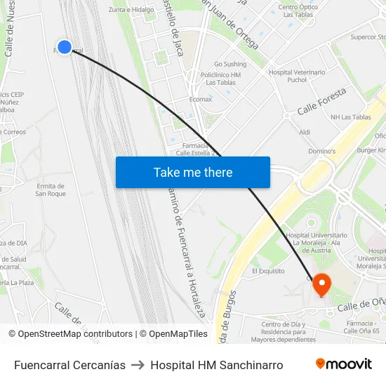 Fuencarral Cercanías to Hospital HM Sanchinarro map