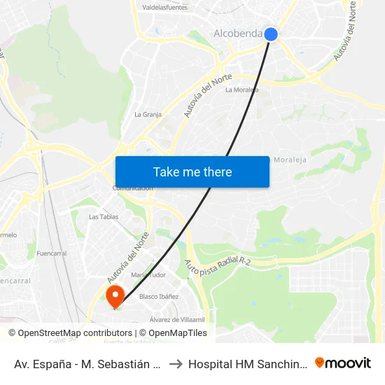 Av. España - M. Sebastián Izuel to Hospital HM Sanchinarro map