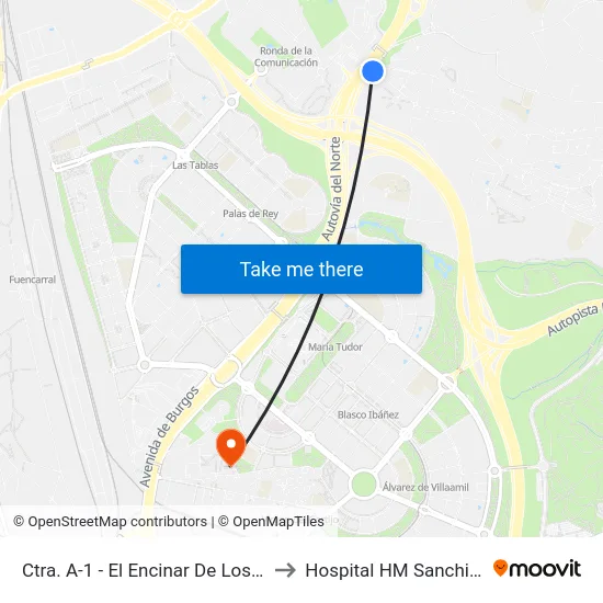 Ctra. A-1 - El Encinar De Los Reyes to Hospital HM Sanchinarro map
