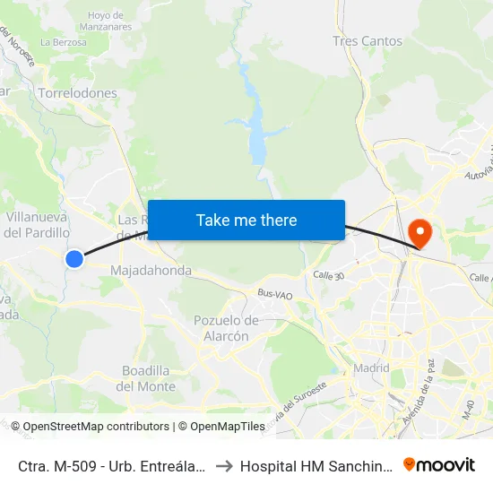 Ctra. M-509 - Urb. Entreálamos to Hospital HM Sanchinarro map
