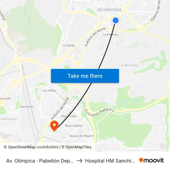 Av. Olímpica - Pabellón Deportivo to Hospital HM Sanchinarro map