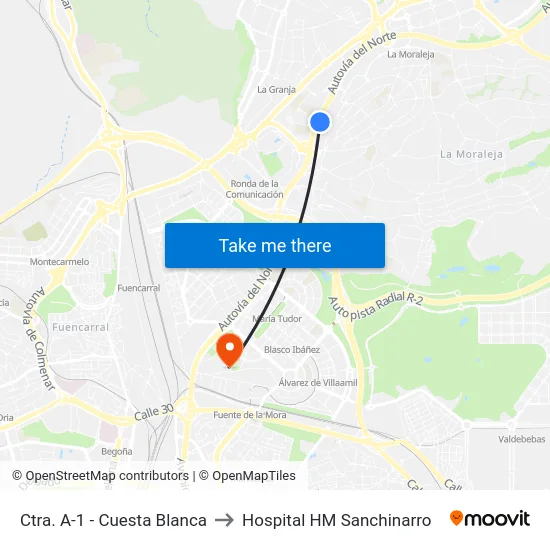 Ctra. A-1 - Cuesta Blanca to Hospital HM Sanchinarro map