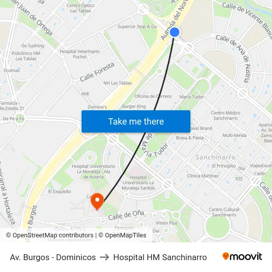 Av. Burgos - Dominicos to Hospital HM Sanchinarro map