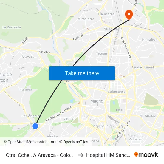 Ctra. Cchel. A Aravaca - Colonia Jardín to Hospital HM Sanchinarro map