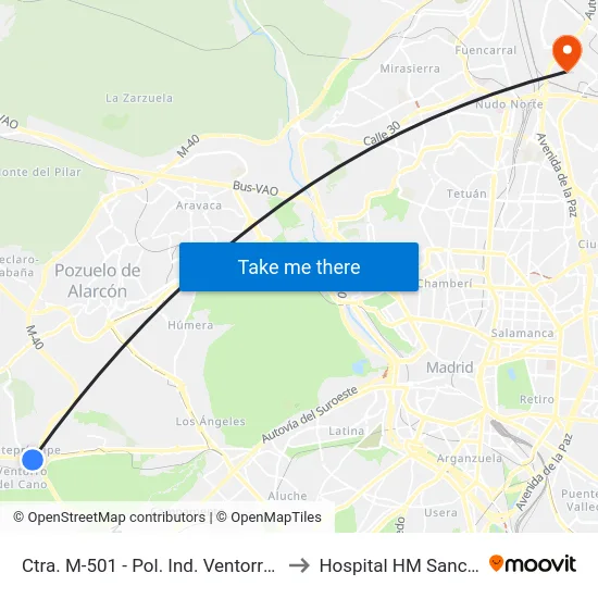 Ctra. M-501 - Pol. Ind. Ventorro Del Cano to Hospital HM Sanchinarro map
