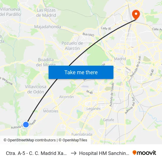 Ctra. A-5 - C. C. Madrid Xanadú to Hospital HM Sanchinarro map
