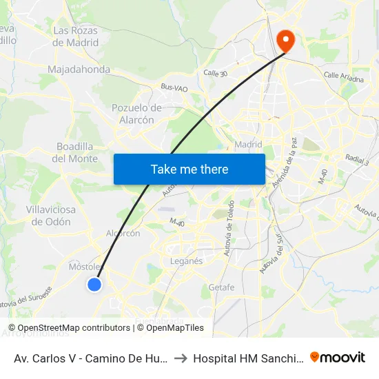 Av. Carlos V - Camino De Humanes to Hospital HM Sanchinarro map