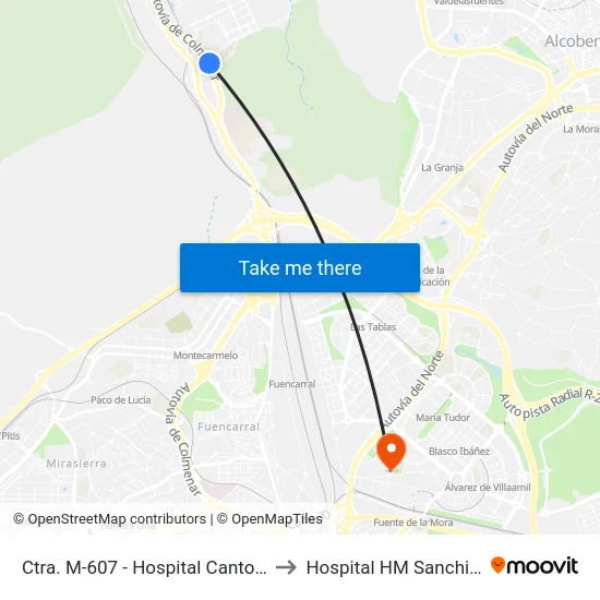 Ctra. M-607 - Hospital Cantoblanco to Hospital HM Sanchinarro map
