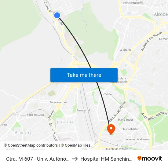 Ctra. M-607 - Univ. Autónoma to Hospital HM Sanchinarro map