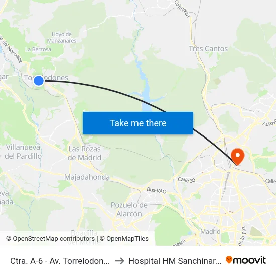 Ctra. A-6 - Av. Torrelodones to Hospital HM Sanchinarro map