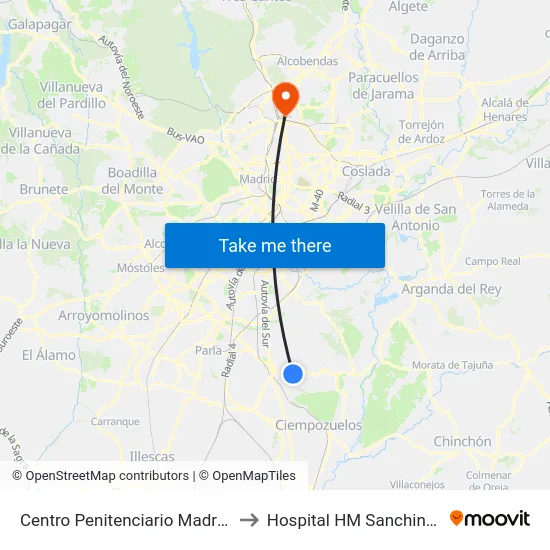 Centro Penitenciario Madrid III to Hospital HM Sanchinarro map