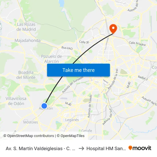 Av. S. Martín Valdeiglesias - C. C. Tres Aguas to Hospital HM Sanchinarro map