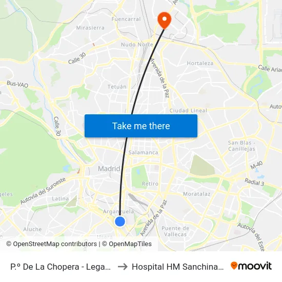 P.º De La Chopera - Legazpi to Hospital HM Sanchinarro map