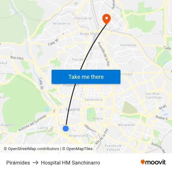 Pirámides to Hospital HM Sanchinarro map