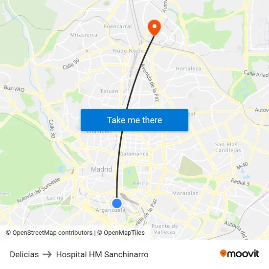 Delicias to Hospital HM Sanchinarro map