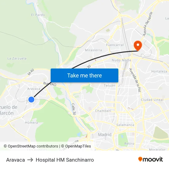 Aravaca to Hospital HM Sanchinarro map