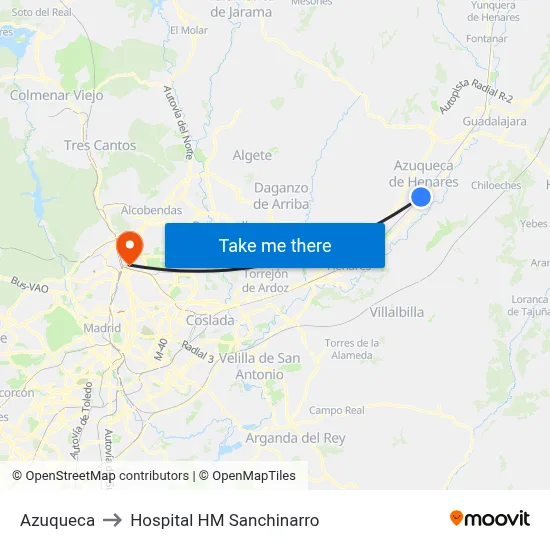 Azuqueca to Hospital HM Sanchinarro map