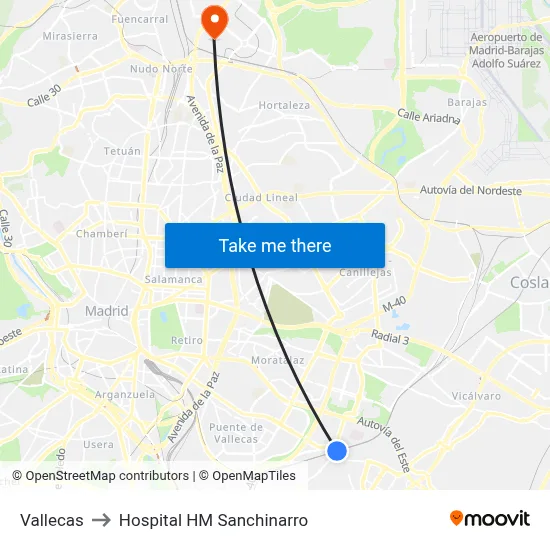 Vallecas to Hospital HM Sanchinarro map