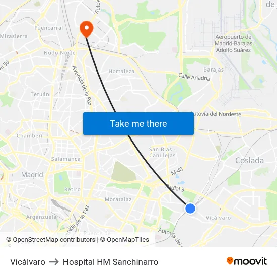 Vicálvaro to Hospital HM Sanchinarro map