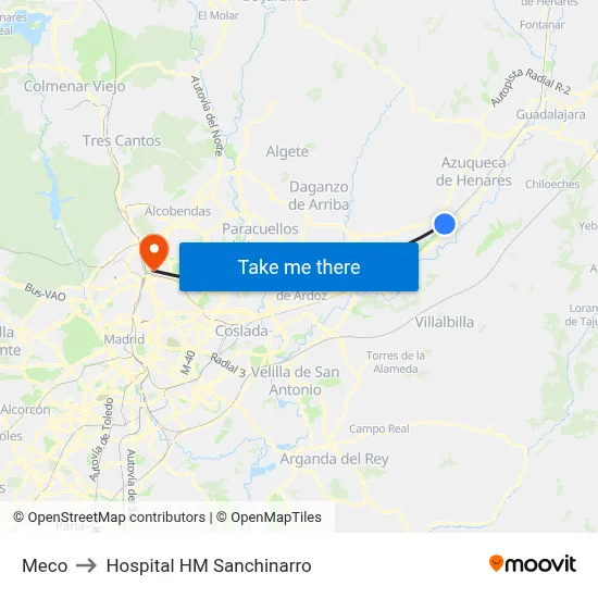 Meco to Hospital HM Sanchinarro map