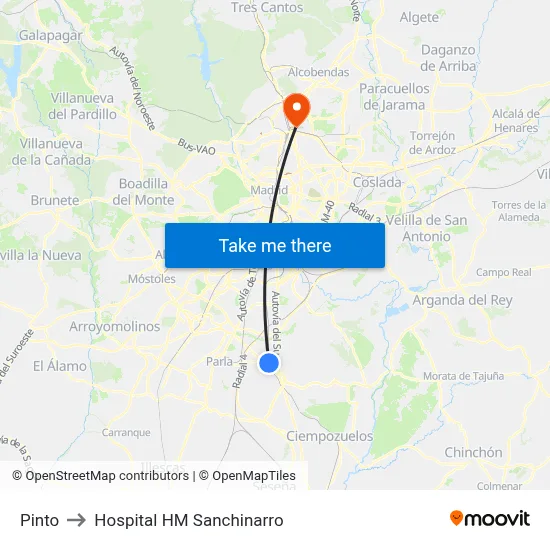 Pinto to Hospital HM Sanchinarro map